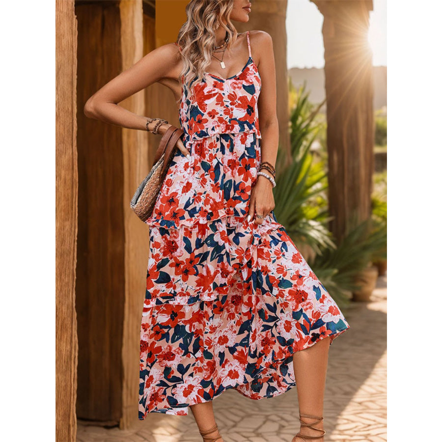 Frill Backless Printed Sleeveless Midi Dress Apparel and Accessories