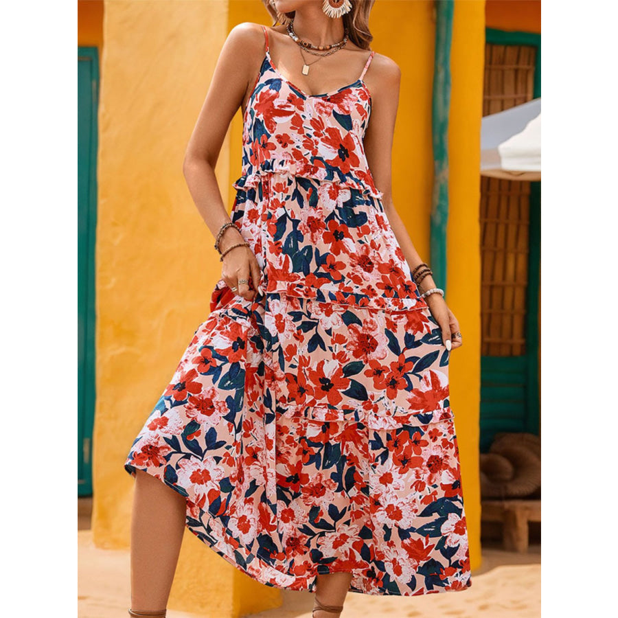 Frill Backless Printed Sleeveless Midi Dress Multicolor / S Apparel and Accessories