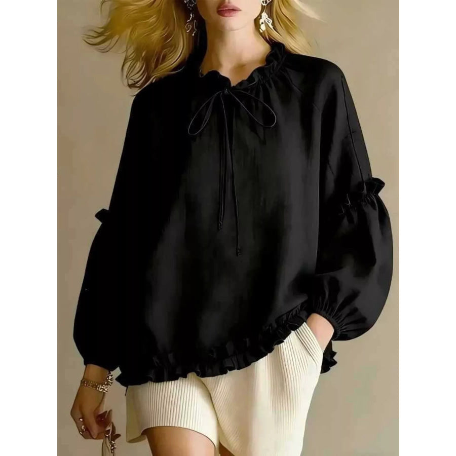Frill Balloon Sleeve Blouse Black / S Apparel and Accessories