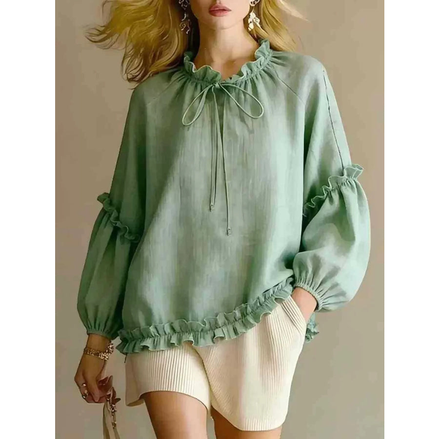 Frill Balloon Sleeve Blouse Sage / S Apparel and Accessories