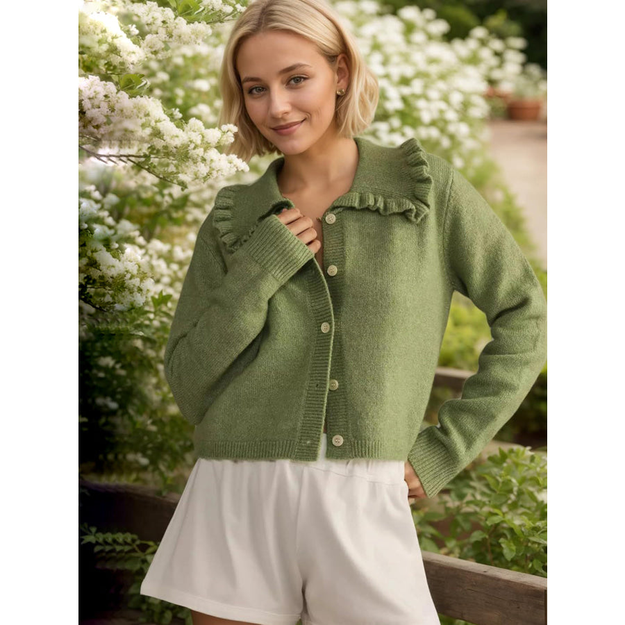 Frill Button Up Collared Neck Long Sleeve Cardigan Matcha Green / S Apparel and Accessories