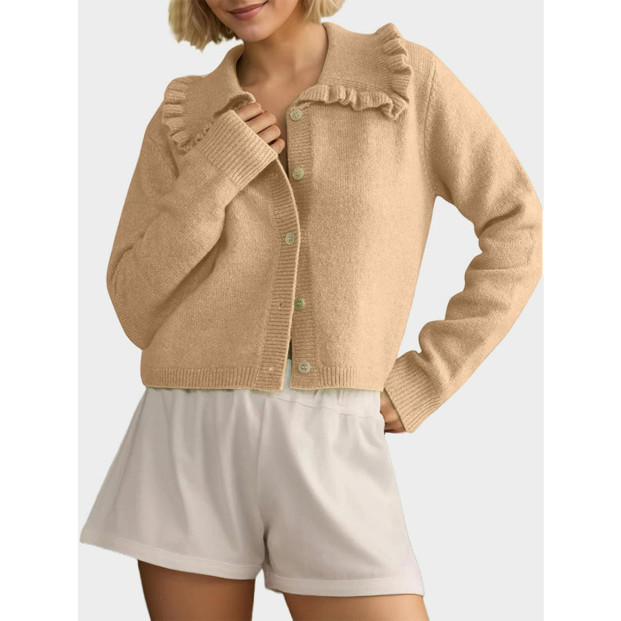 Frill Button Up Collared Neck Long Sleeve Cardigan Tan / S Apparel and Accessories