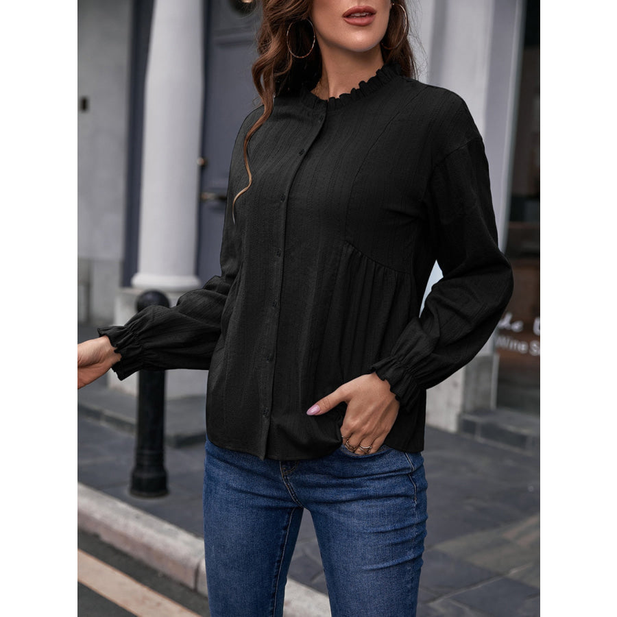 Frill Button Up Flounce Sleeve Blouse Apparel and Accessories