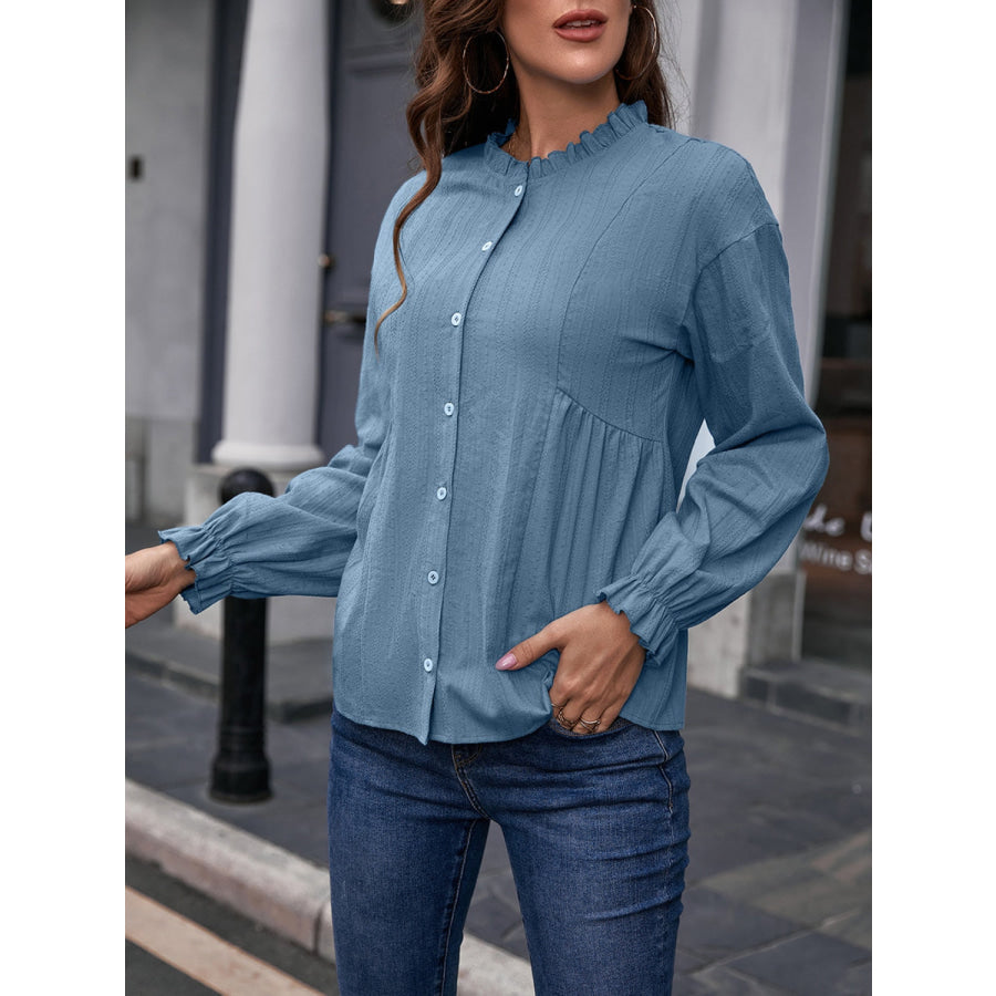 Frill Button Up Flounce Sleeve Blouse Apparel and Accessories