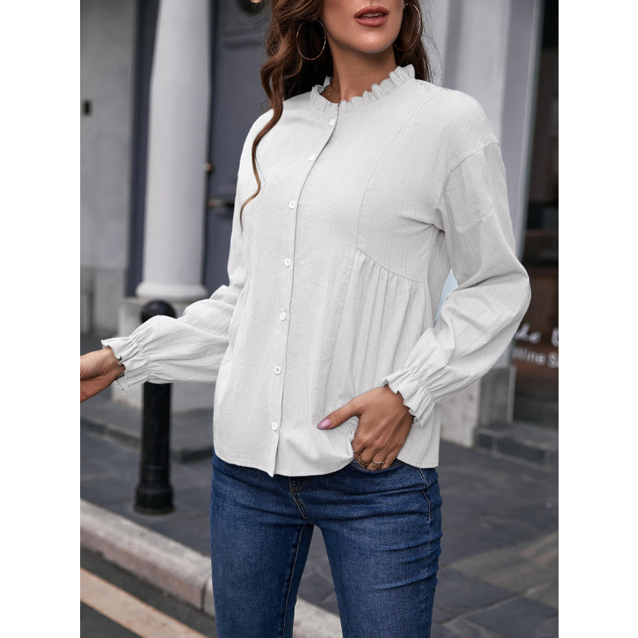 Frill Button Up Flounce Sleeve Blouse Apparel and Accessories