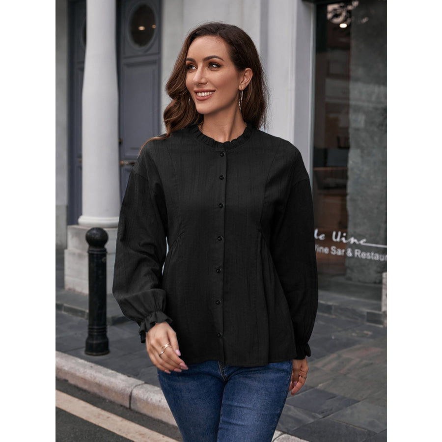 Frill Button Up Flounce Sleeve Blouse Black / S Apparel and Accessories