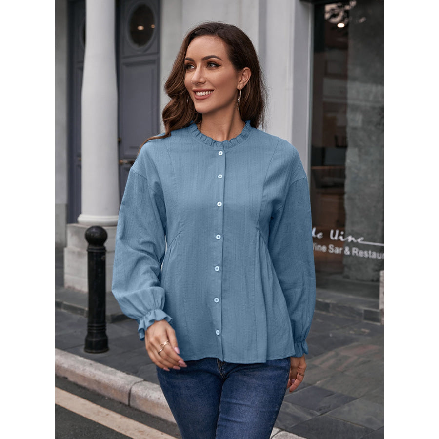 Frill Button Up Flounce Sleeve Blouse Dusty Blue / S Apparel and Accessories