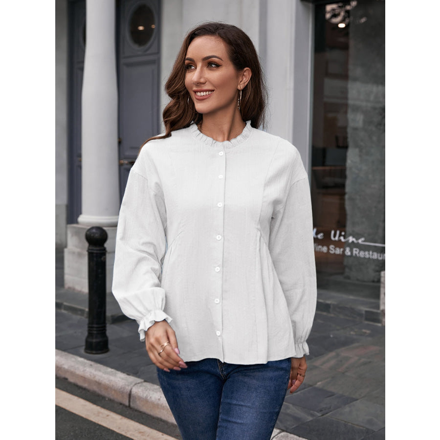 Frill Button Up Flounce Sleeve Blouse White / S Apparel and Accessories