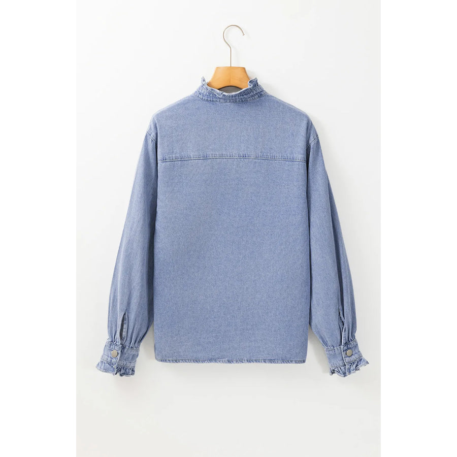 Frill Button Up Long Sleeve Denim Top Apparel and Accessories