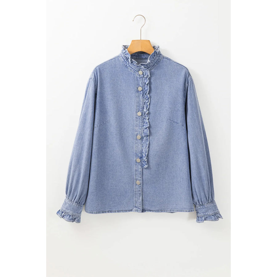 Frill Button Up Long Sleeve Denim Top Apparel and Accessories