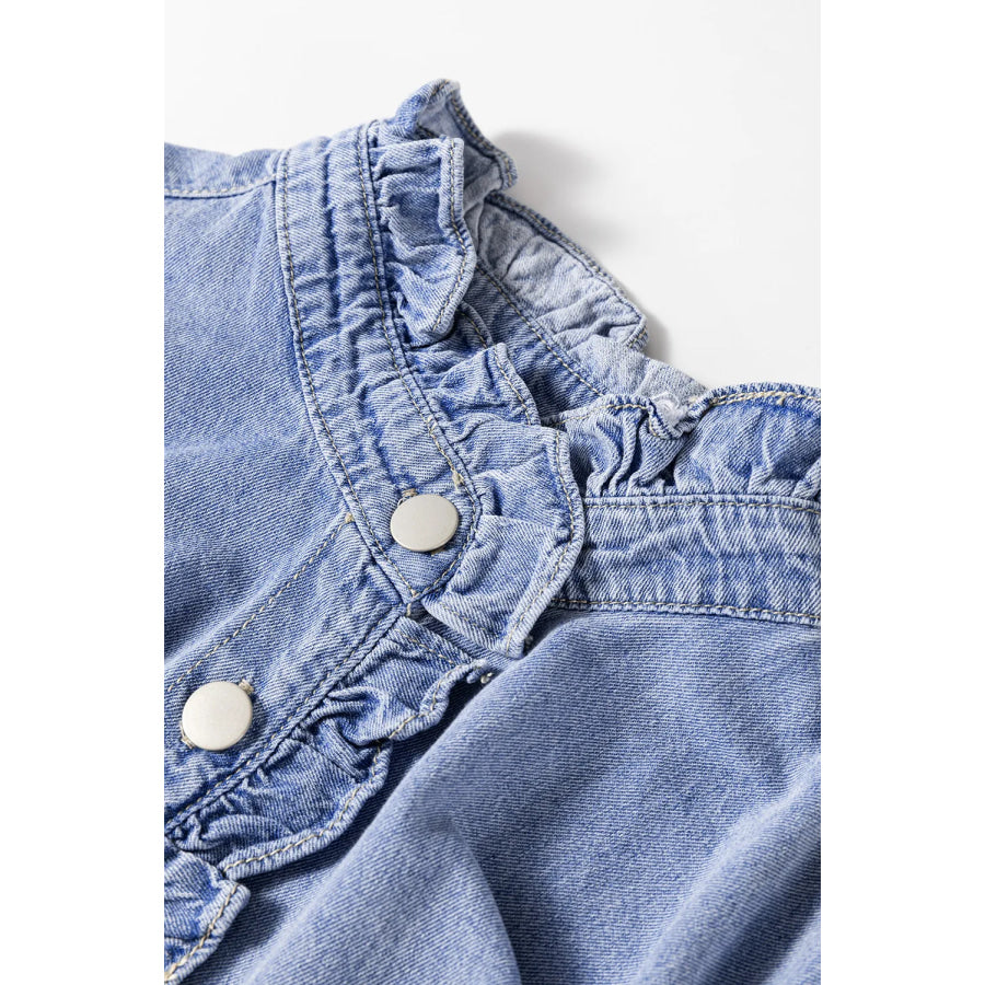 Frill Button Up Long Sleeve Denim Top Apparel and Accessories