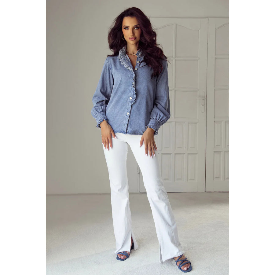 Frill Button Up Long Sleeve Denim Top Apparel and Accessories