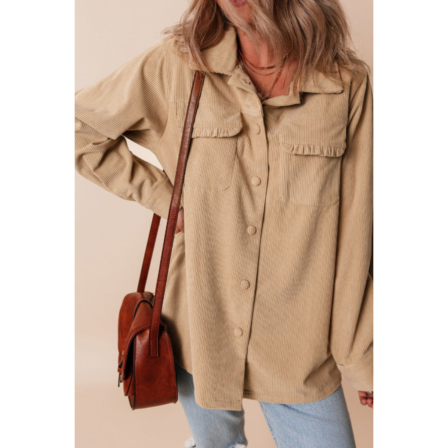 Frill Button Up Long Sleeve Shacket Apparel and Accessories