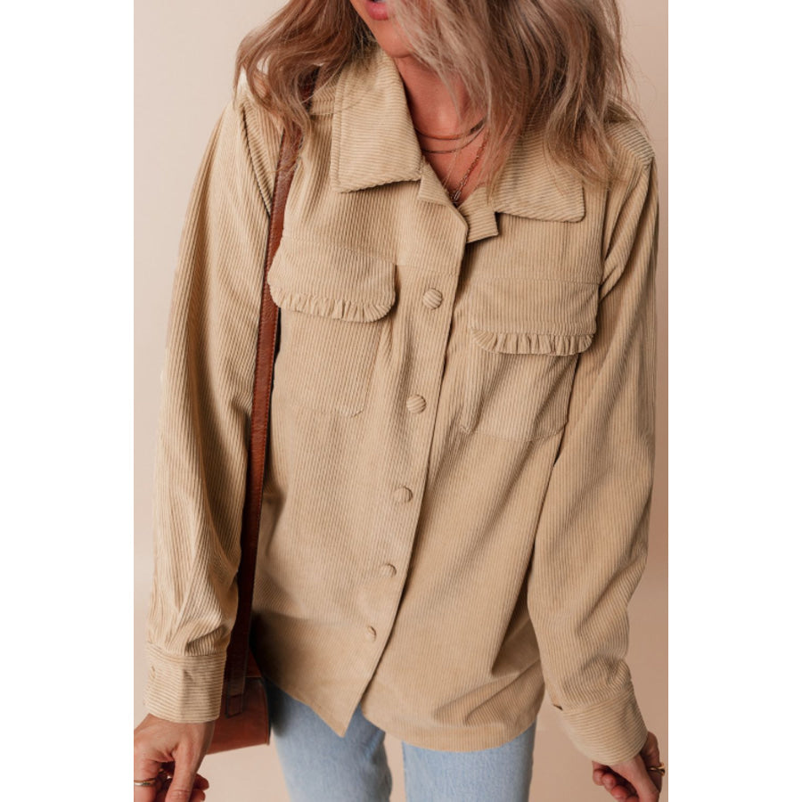 Frill Button Up Long Sleeve Shacket Apparel and Accessories