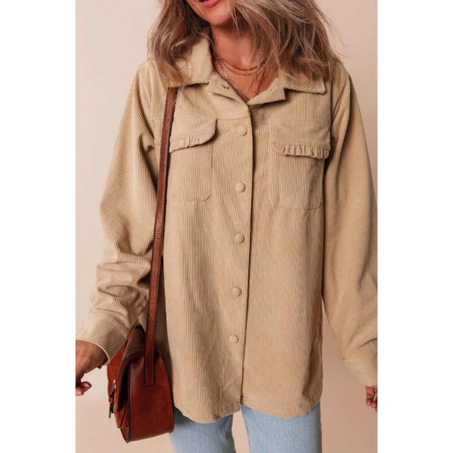 Frill Button Up Long Sleeve Shacket Apparel and Accessories