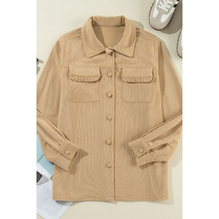 Frill Button Up Long Sleeve Shacket Apparel and Accessories