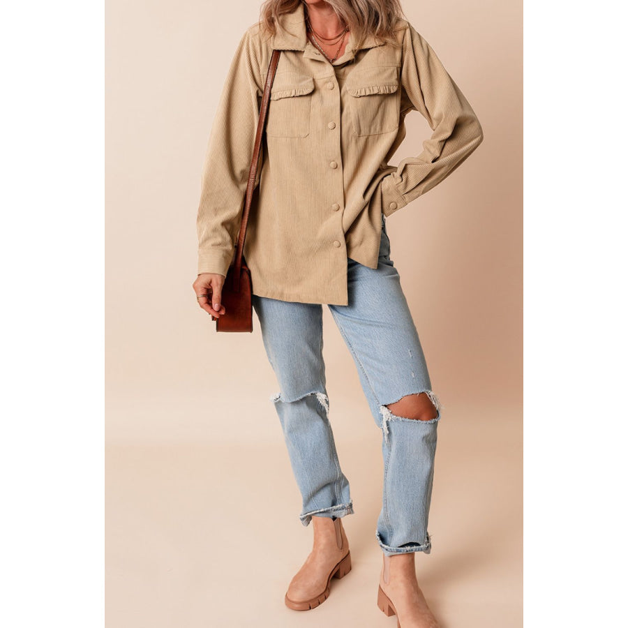 Frill Button Up Long Sleeve Shacket Apparel and Accessories