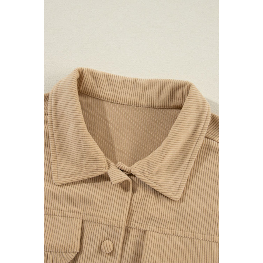 Frill Button Up Long Sleeve Shacket Apparel and Accessories