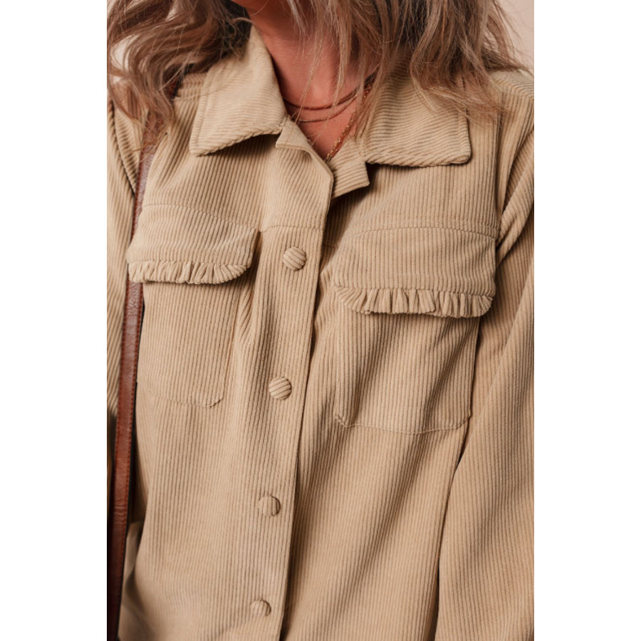 Frill Button Up Long Sleeve Shacket Apparel and Accessories