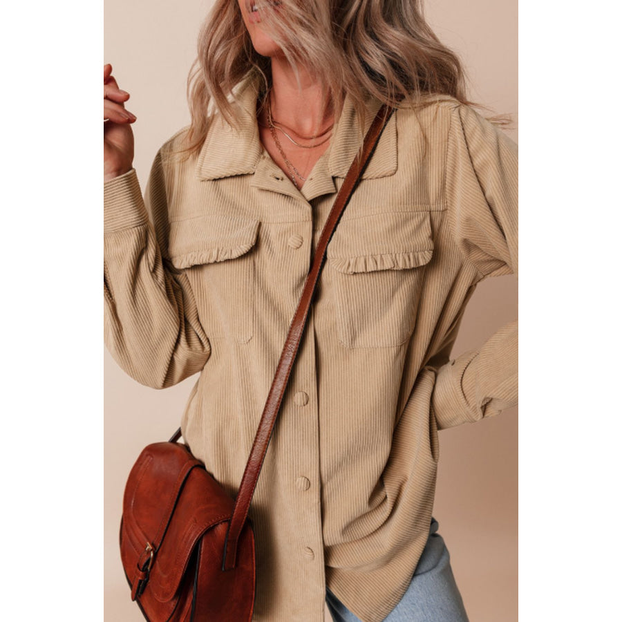 Frill Button Up Long Sleeve Shacket Tan / S Apparel and Accessories