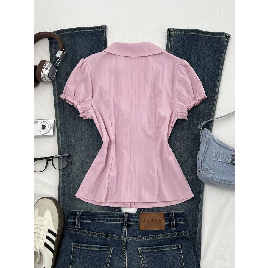 Frill Button Up Short Sleeve Shirt Apparel and Accessories