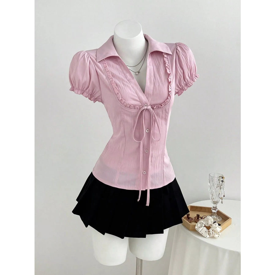 Frill Button Up Short Sleeve Shirt Apparel and Accessories