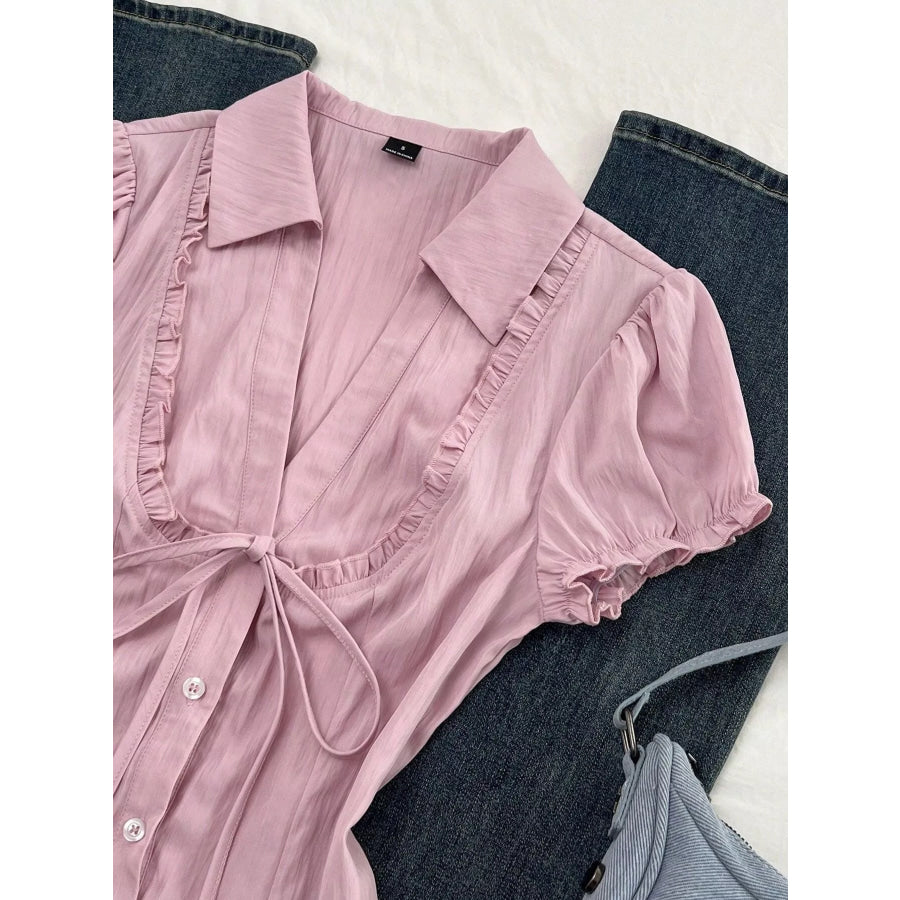 Frill Button Up Short Sleeve Shirt Apparel and Accessories