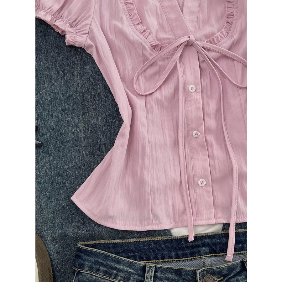 Frill Button Up Short Sleeve Shirt Apparel and Accessories