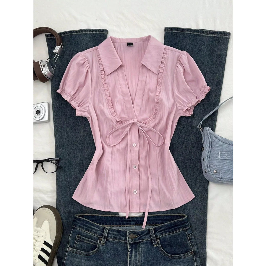 Frill Button Up Short Sleeve Shirt Pink / S Apparel and Accessories