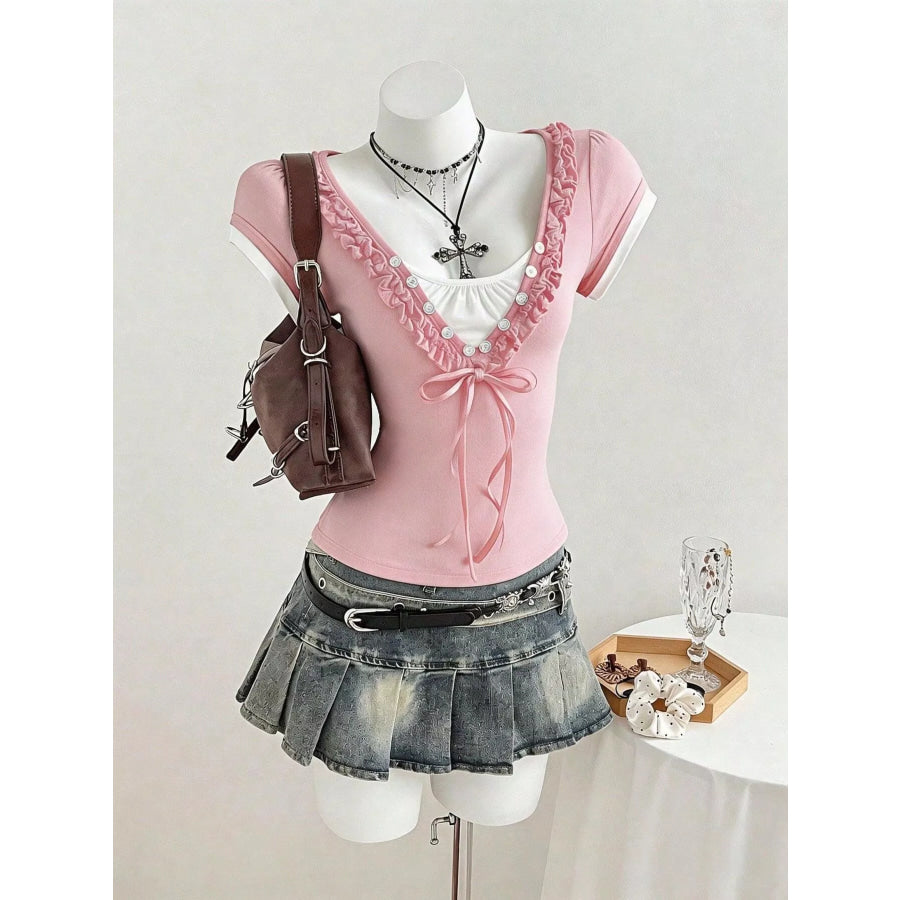 Frill Cap Sleeve Slim Fit T-Shirt Pink / S Apparel and Accessories