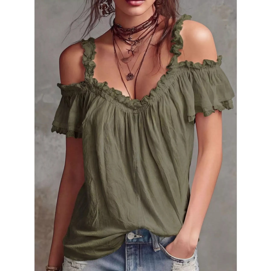 Frill Cold Shoulder Blouse Army Green / S Apparel and Accessories