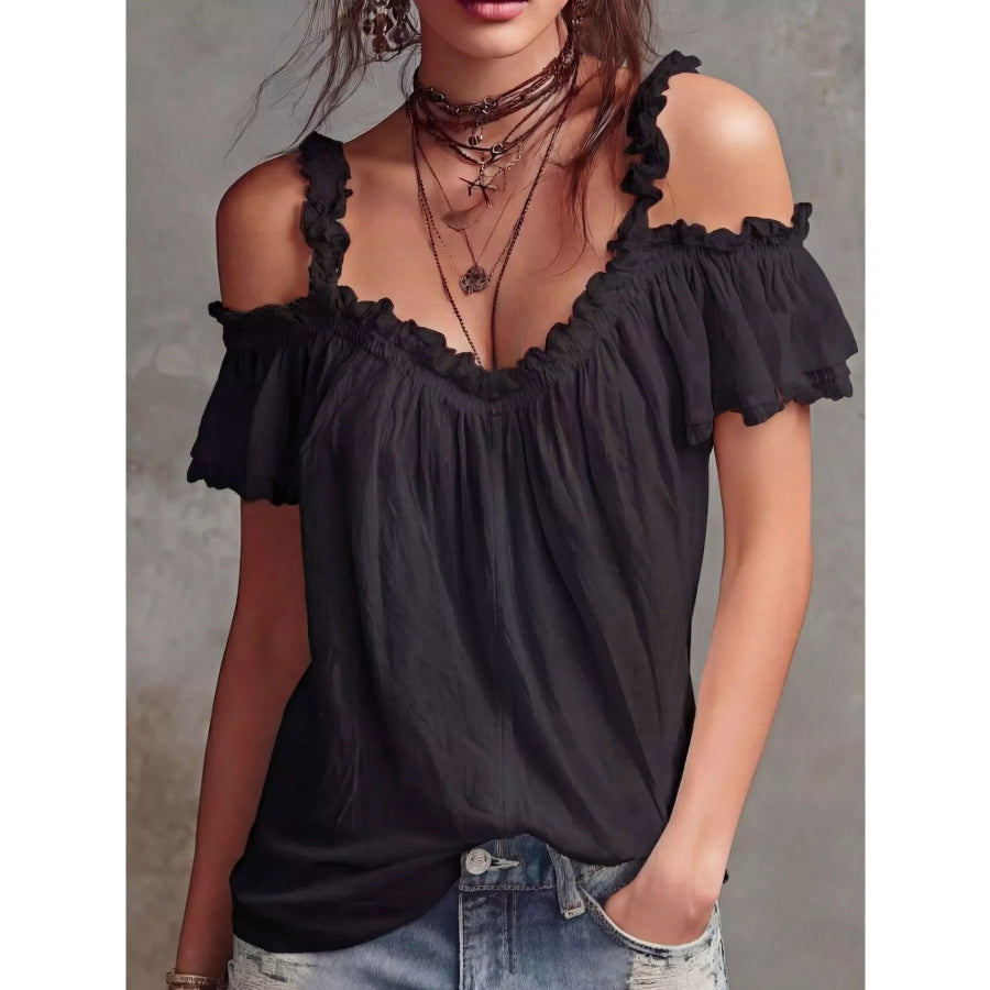 Frill Cold Shoulder Blouse Black / S Apparel and Accessories