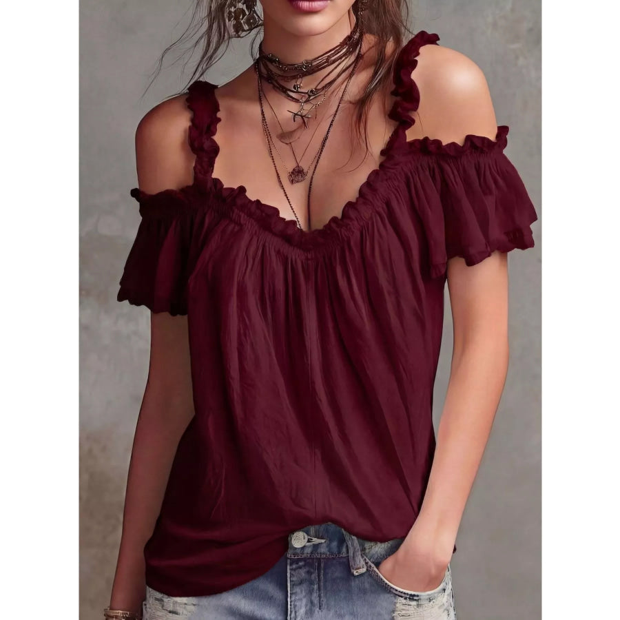 Frill Cold Shoulder Blouse Burgundy / S Apparel and Accessories