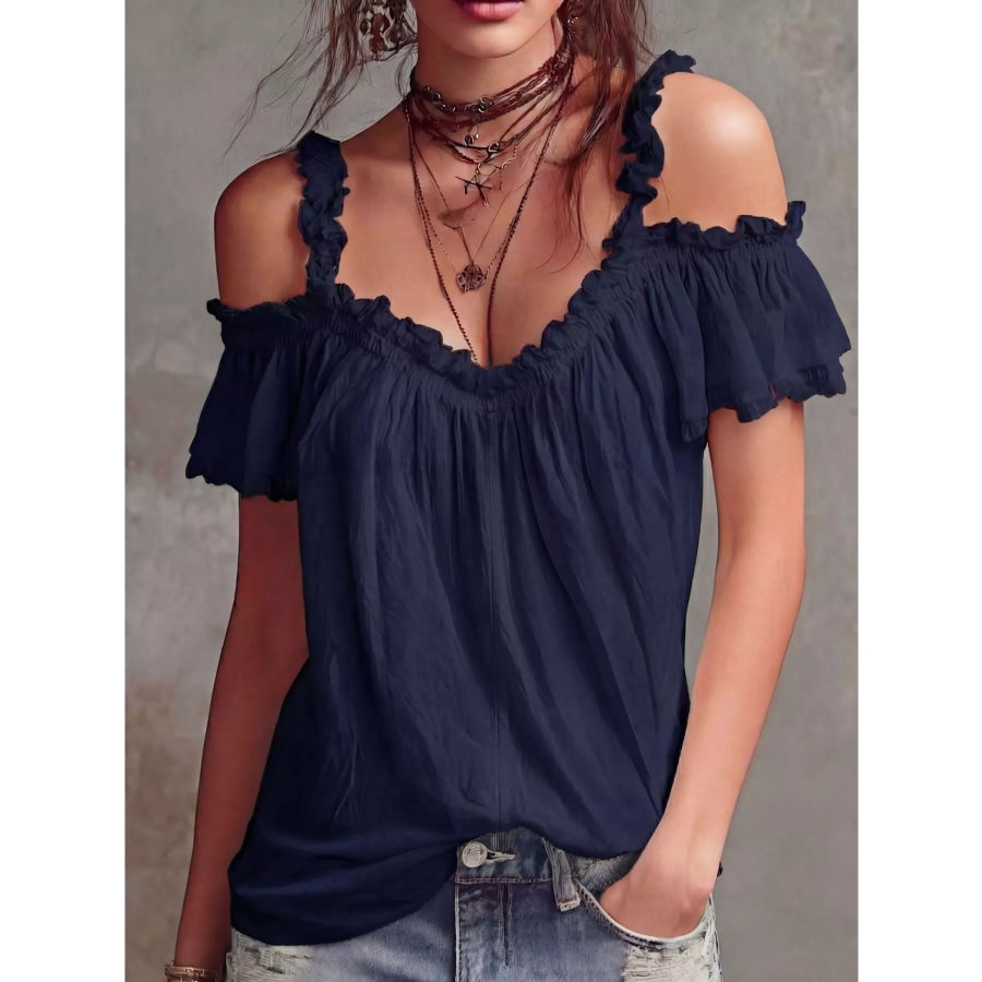 Frill Cold Shoulder Blouse Navy Blue / S Apparel and Accessories