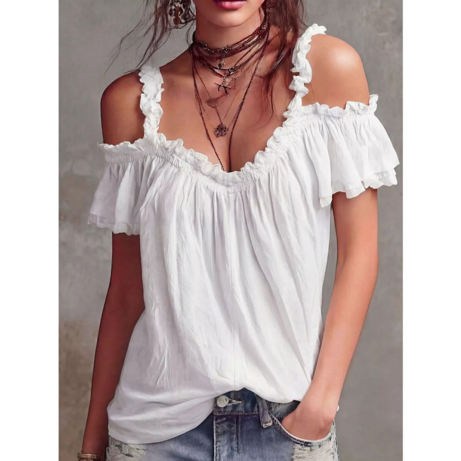 Frill Cold Shoulder Blouse White / S Apparel and Accessories