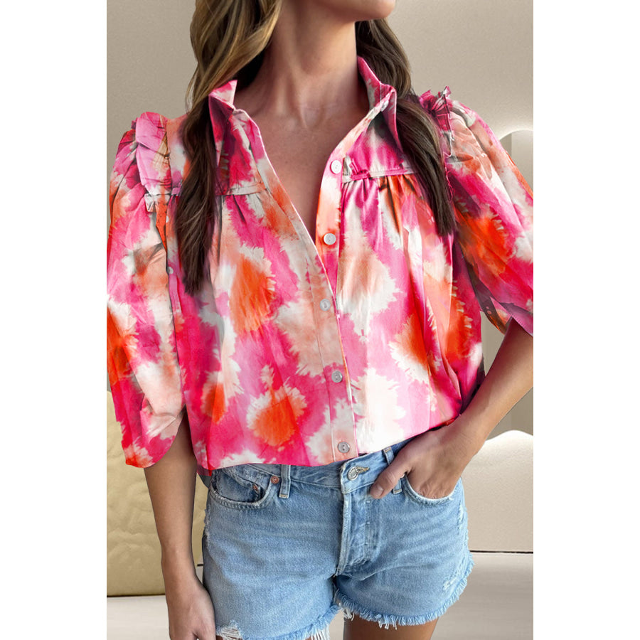 Frill Contrast Print Collared Neck Half Sleeve Shirt Deep Rose / S Shirts &amp; Tops