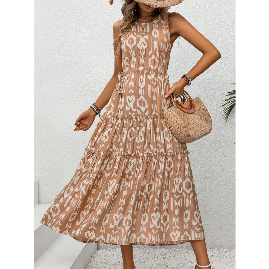 Frill Cutout Printed Round Neck Sleeveless Dress Apparel and Accessories