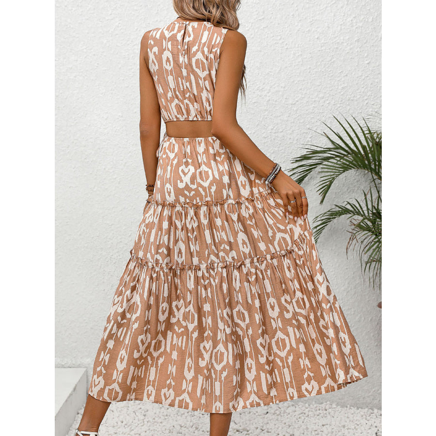 Frill Cutout Printed Round Neck Sleeveless Dress Camel / S Apparel and Accessories