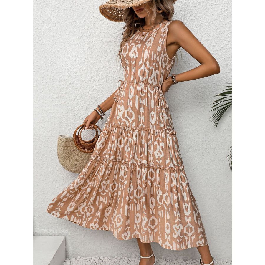 Frill Cutout Printed Round Neck Sleeveless Dress Apparel and Accessories