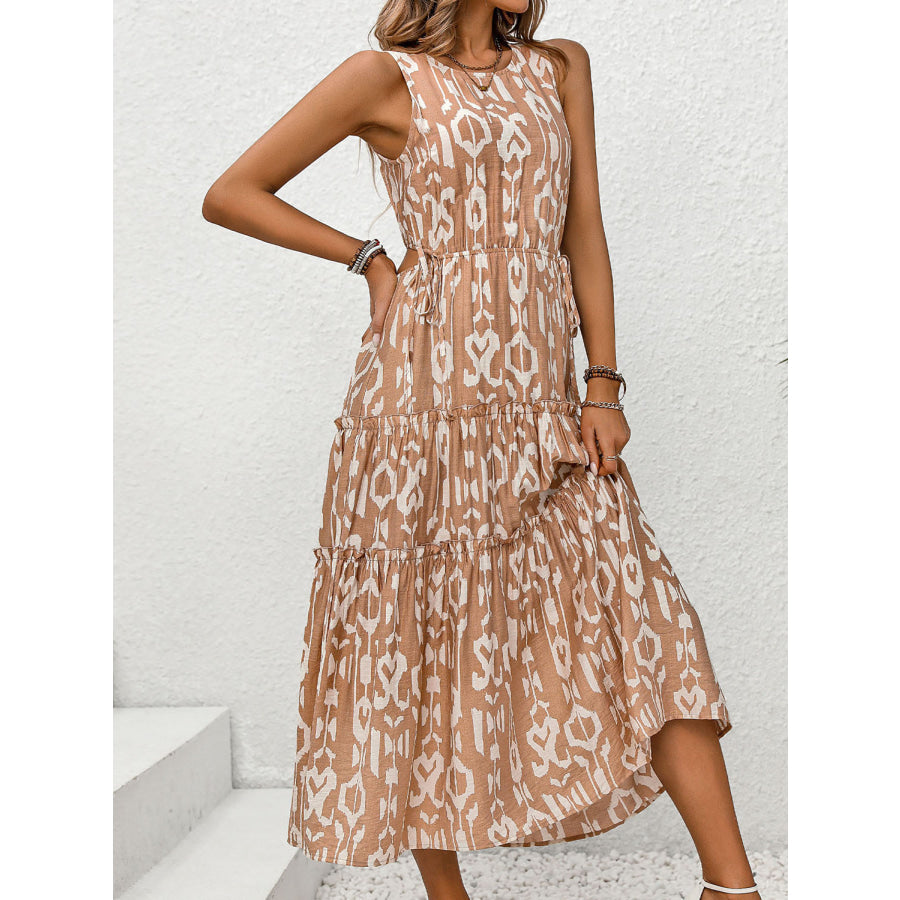 Frill Cutout Printed Round Neck Sleeveless Dress Camel / S Apparel and Accessories