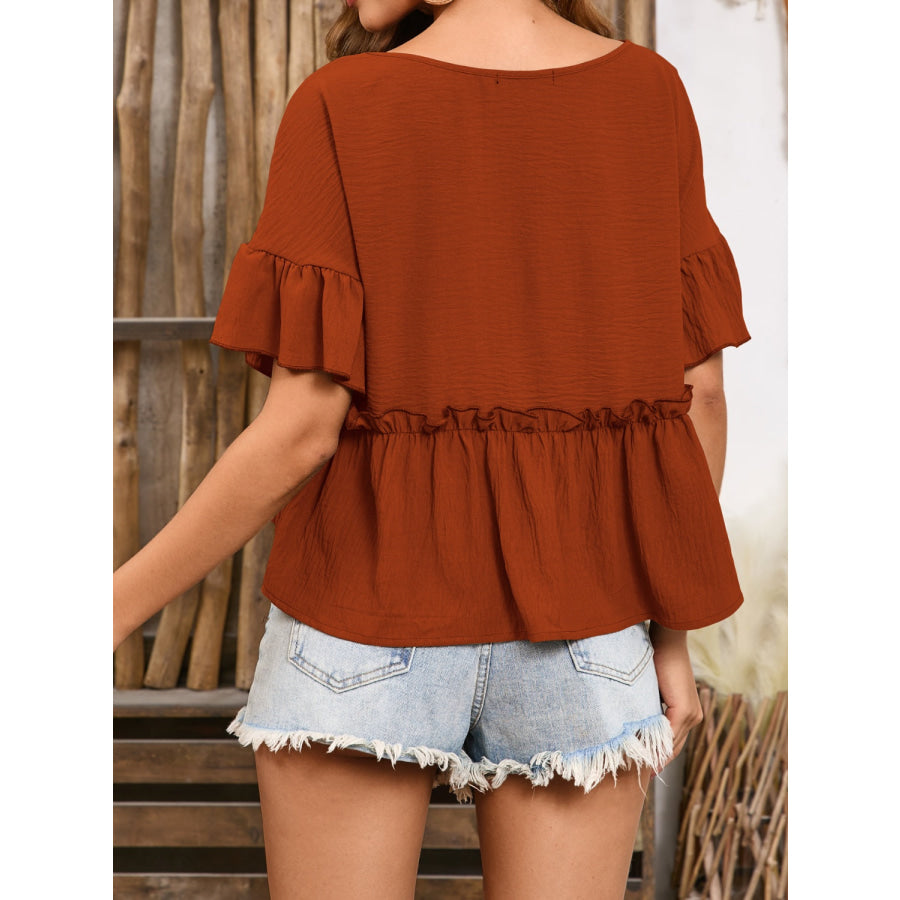 Frill Decorative Button Round Neck Half Sleeve Blouse Apparel and Accessories