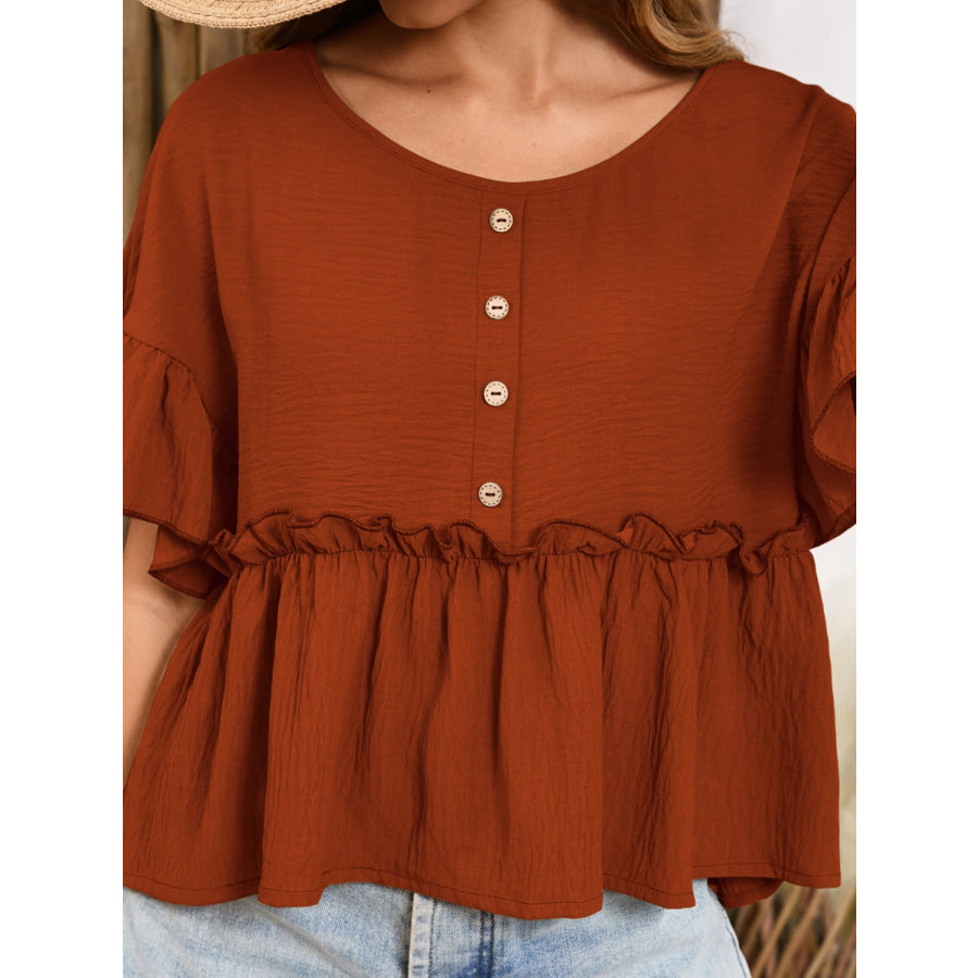 Frill Decorative Button Round Neck Half Sleeve Blouse Apparel and Accessories