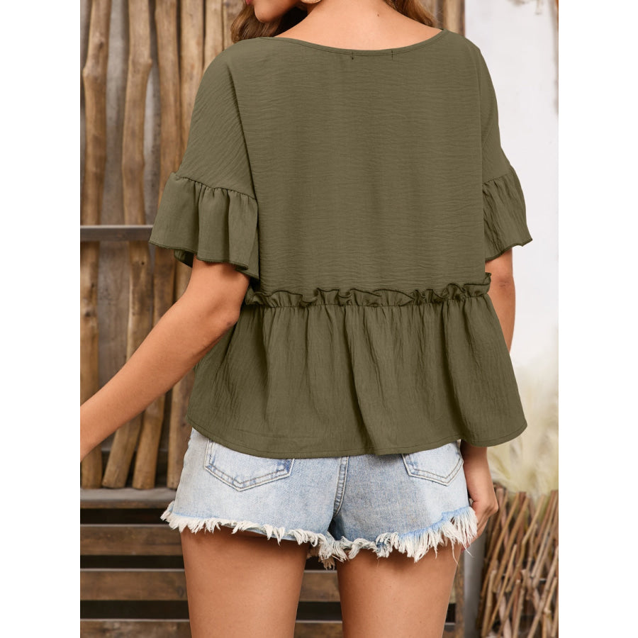 Frill Decorative Button Round Neck Half Sleeve Blouse Apparel and Accessories