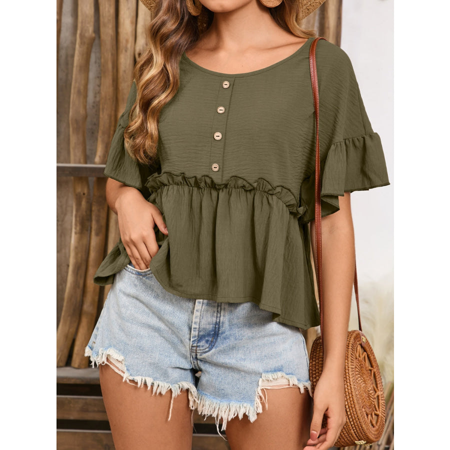 Frill Decorative Button Round Neck Half Sleeve Blouse Apparel and Accessories