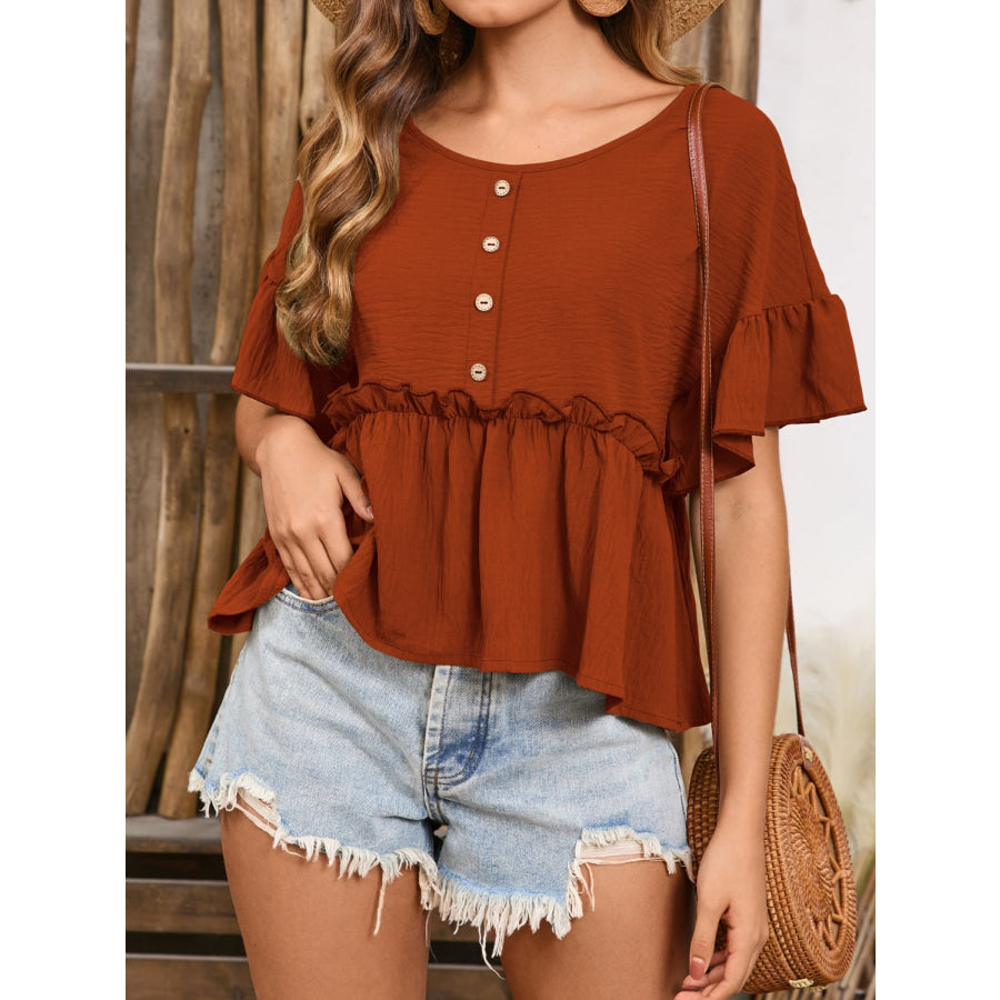 Frill Decorative Button Round Neck Half Sleeve Blouse Dark Brown / S Apparel and Accessories