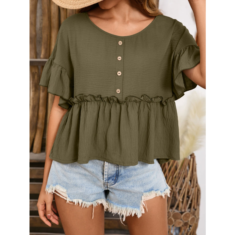 Frill Decorative Button Round Neck Half Sleeve Blouse Moss / S Apparel and Accessories