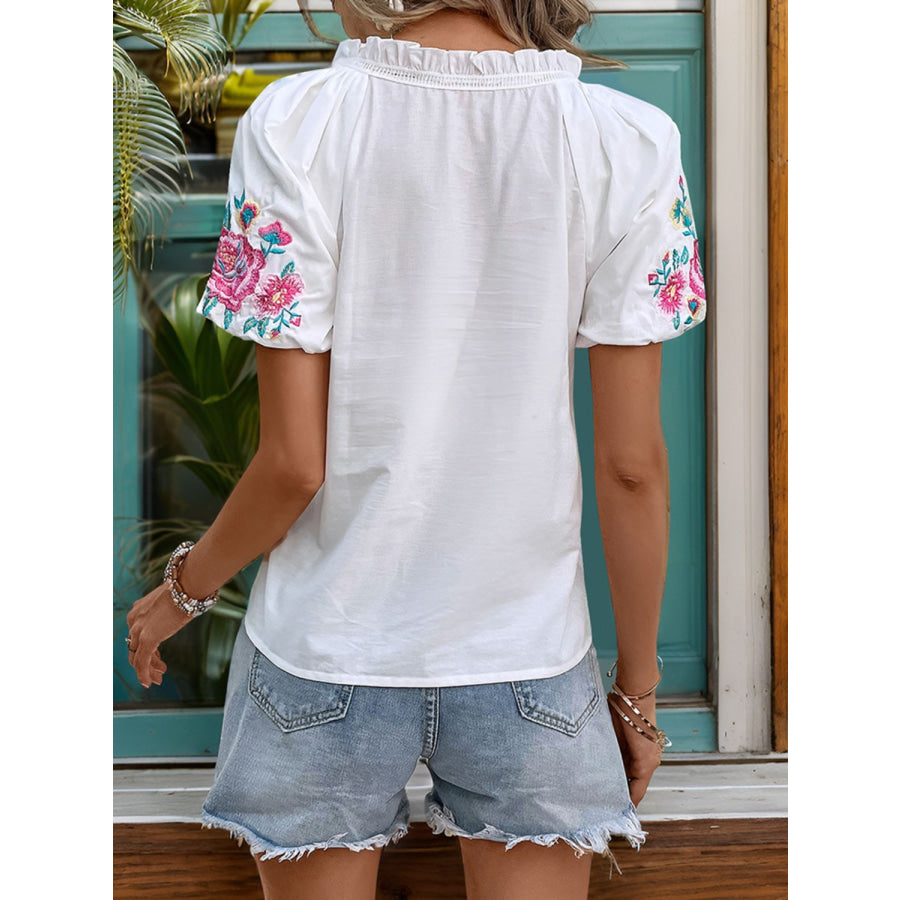 Frill Embroidered V-Neck Short Sleeve Blouse Apparel and Accessories