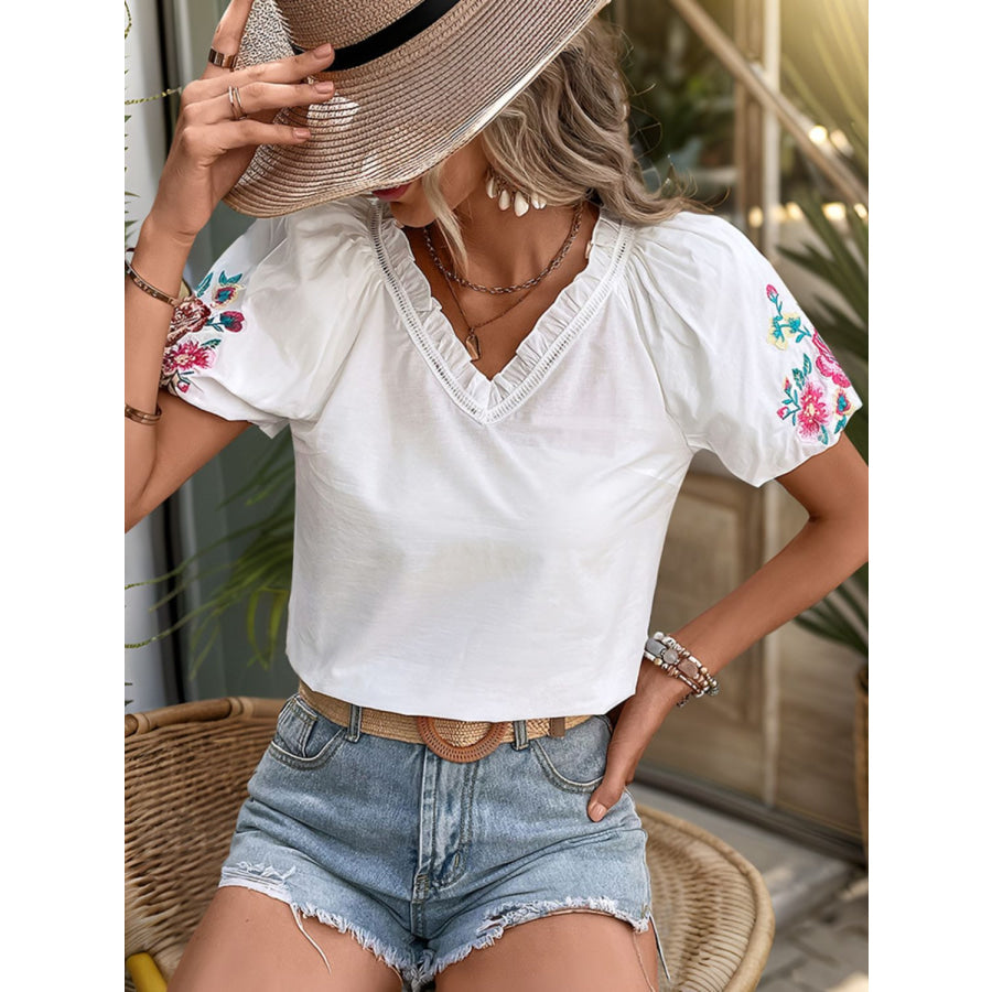 Frill Embroidered V-Neck Short Sleeve Blouse Apparel and Accessories