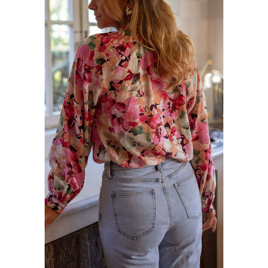 Frill Floral Button Down Long Sleeve Shirt Pink / S Apparel and Accessories