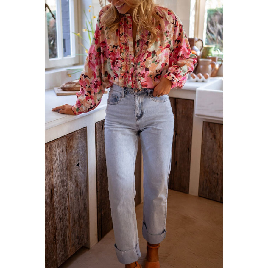 Frill Floral Button Down Long Sleeve Shirt Apparel and Accessories